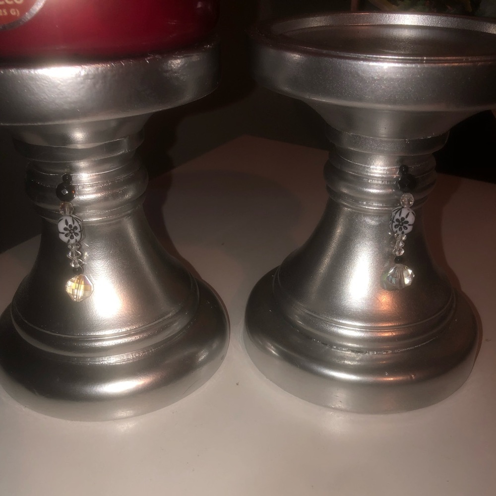 Two wooden candle holders with Swarovski crystal dangles